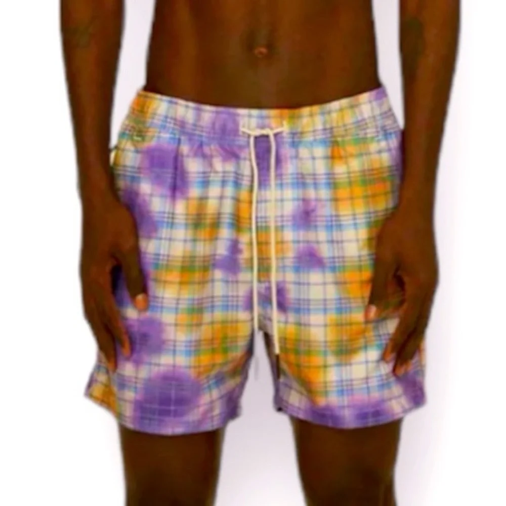 OAS TARTAN TIE DYED 4’ inch swim trunks pockets elastic drawstring waist M